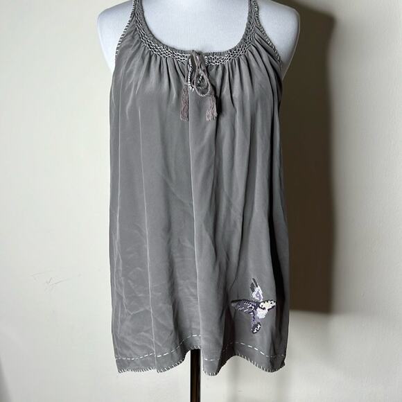 Joie Gray Silk Cross Stitched Hummingbird Tank - Picture 1 of 7